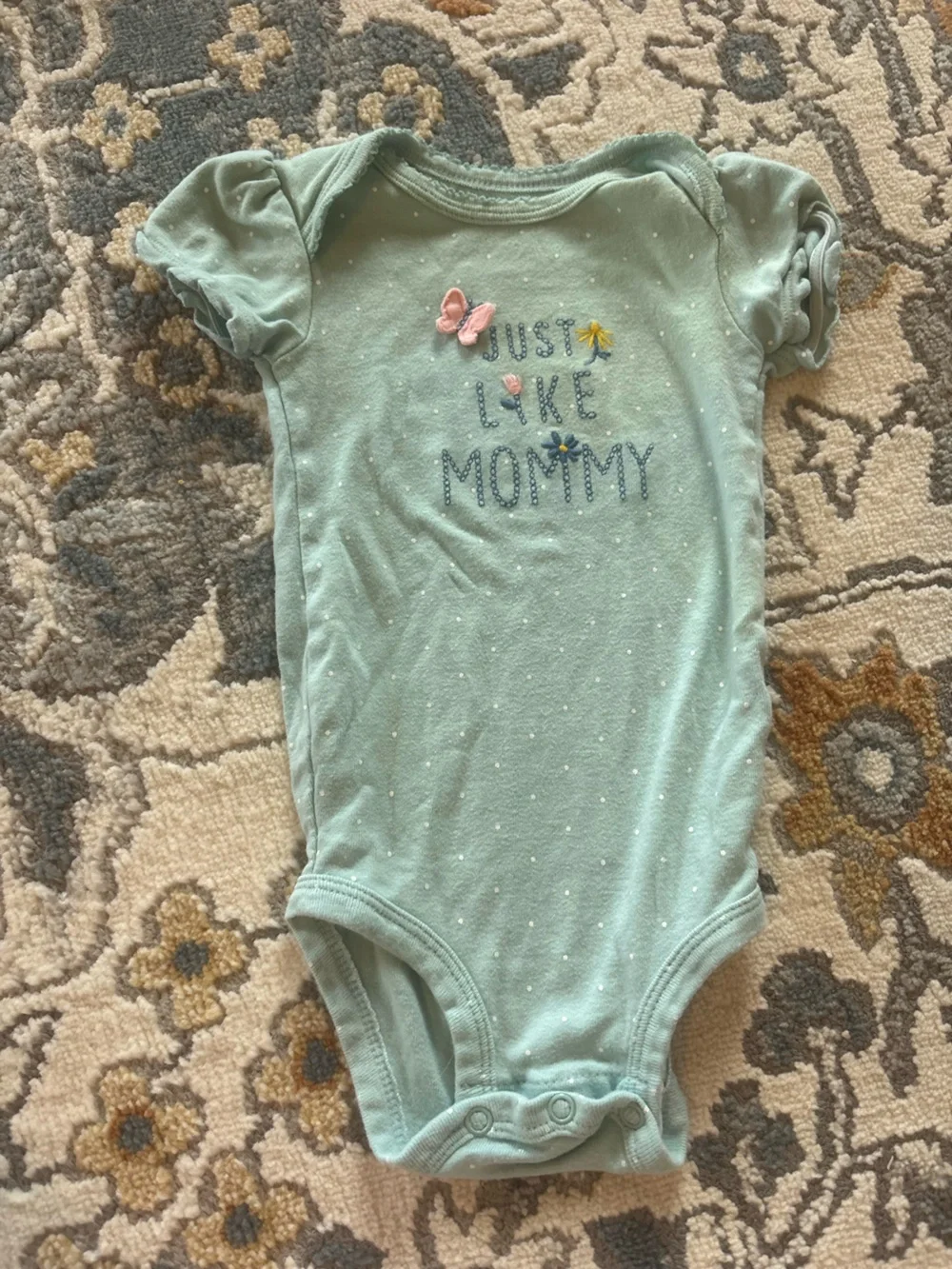 Aqua Polka Dot Baby Onesie with Embroidered “Just Like Mommy”